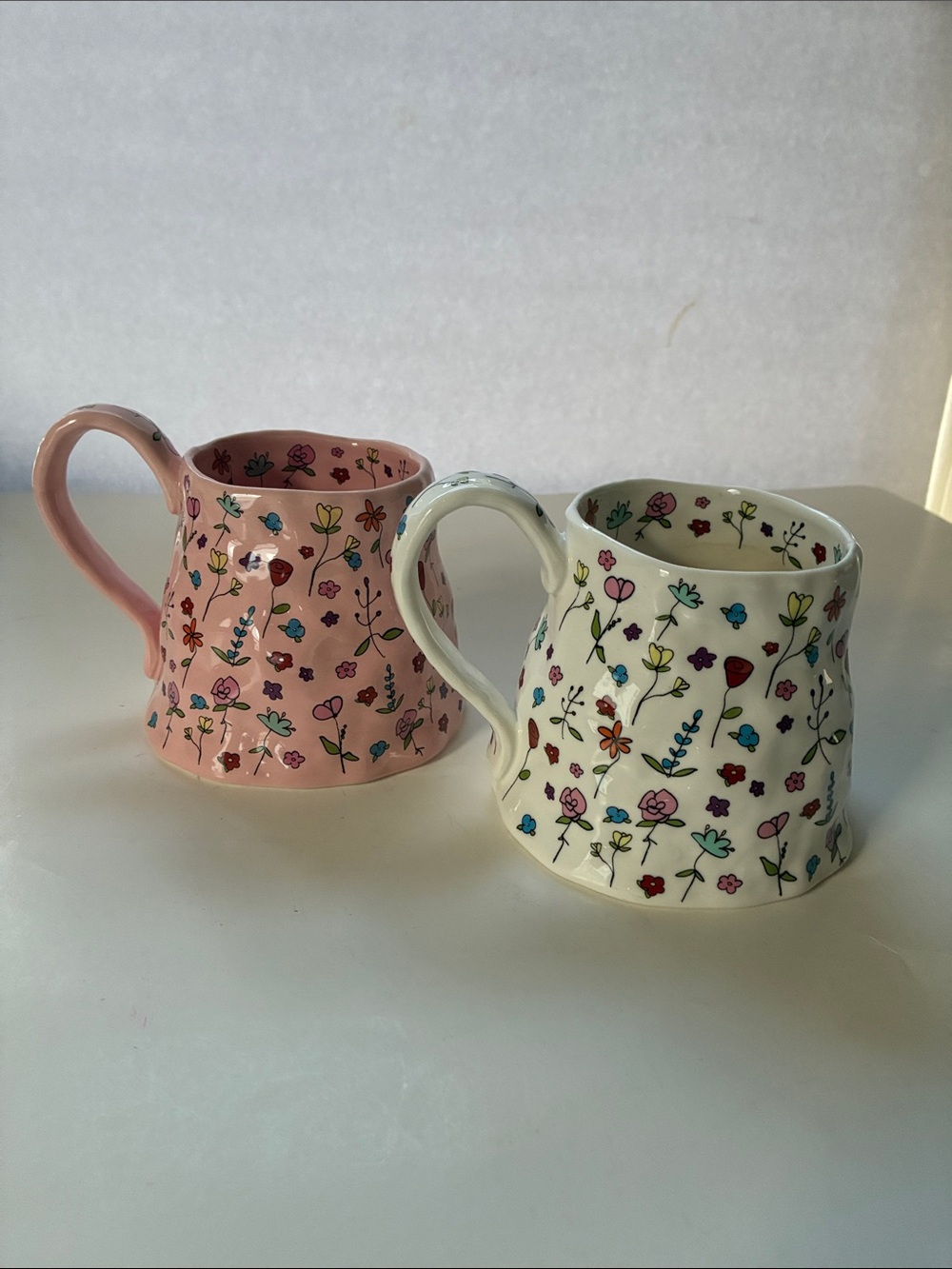 Floral Ceramic Oversized Mug Coffee Tea Pink and White 20oz Set of 2